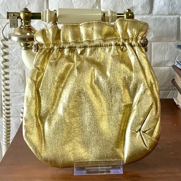 Vintage 1940s 50s Metallic Gold Fabric Slouch Bag Rhinestone Gold Tone Clasps - Picture 10 of 14